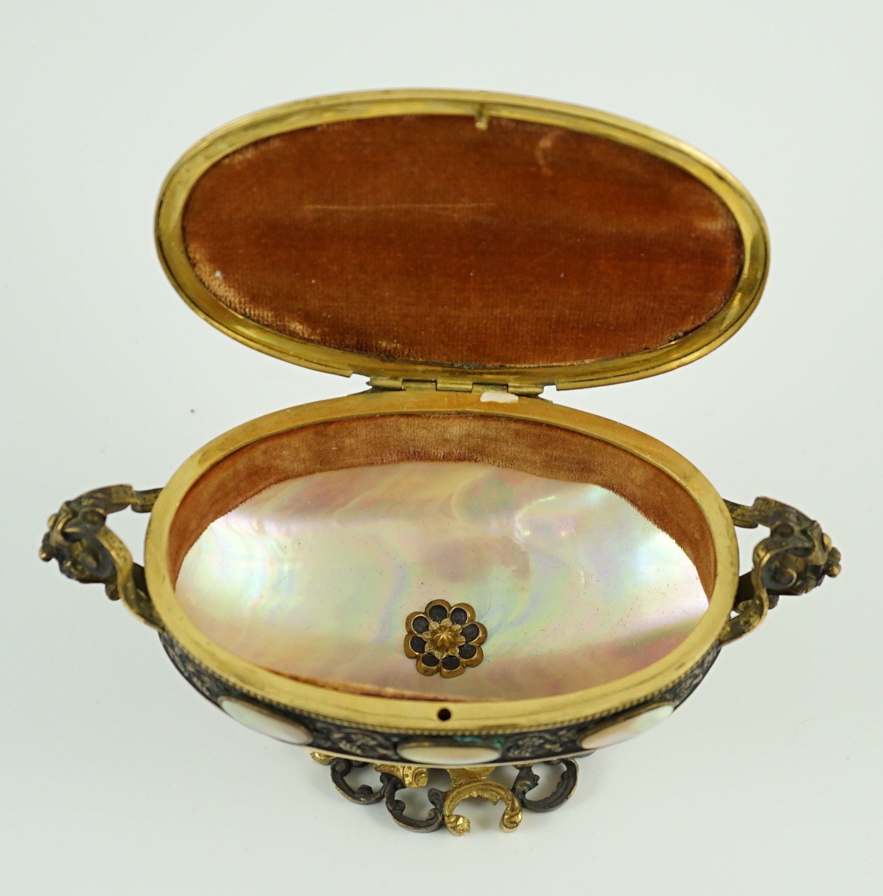 A 19th century Italian silvered and ormolu mounted mother of pearl casket, width 15cm, depth 7cm, height 11cm